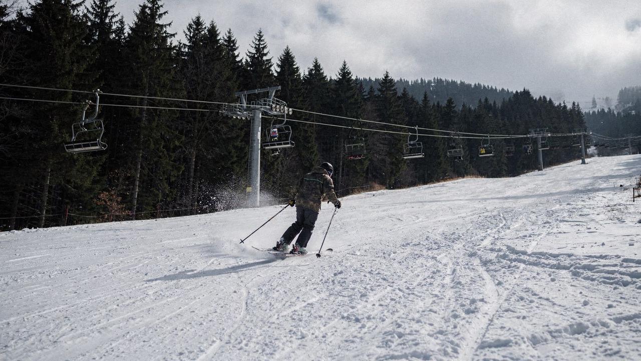 Skier descending a groomed Carpathian slope above a pine forest
