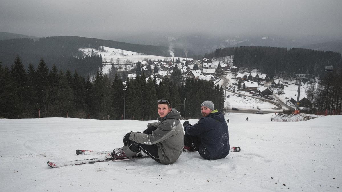 Skiers resting on a slope above a Carpathian resort village